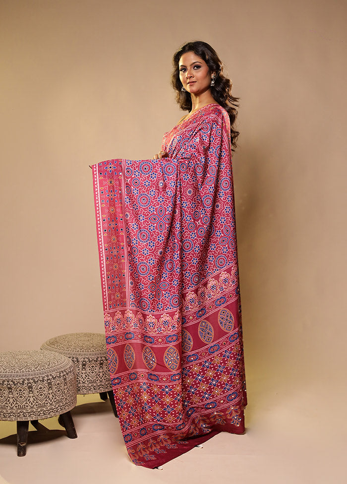 Pink Printed Silk Saree Without Blouse Piece