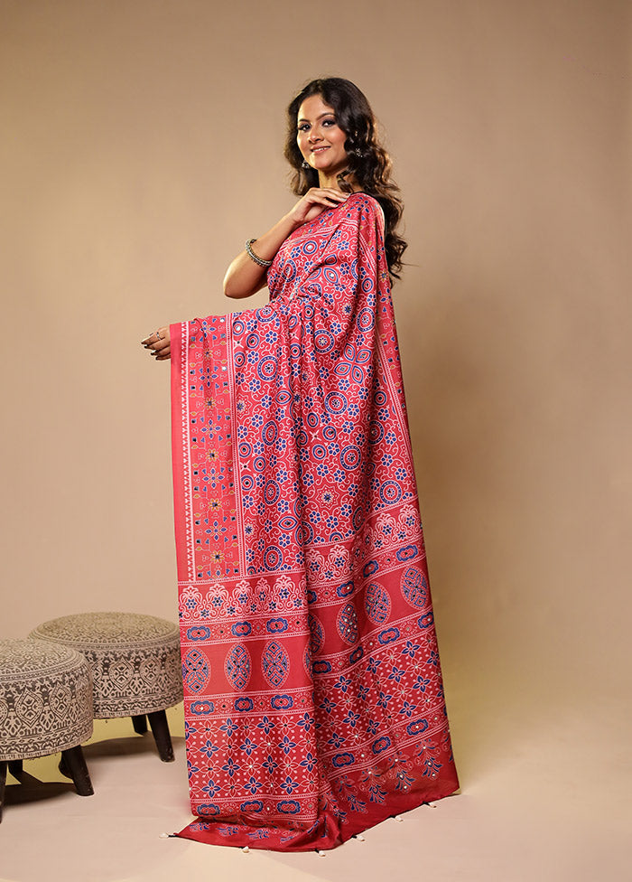 Pink Printed Silk Saree Without Blouse Piece