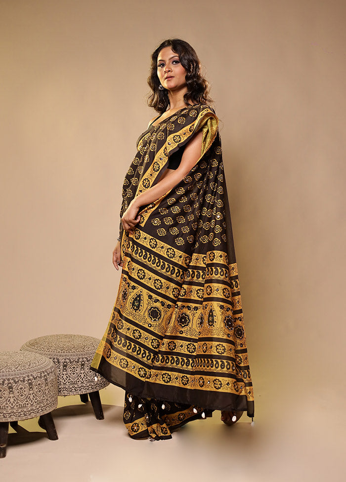 Black Printed Silk Saree Without Blouse Piece