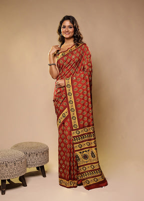 Maroon Printed Silk Saree Without Blouse Piece