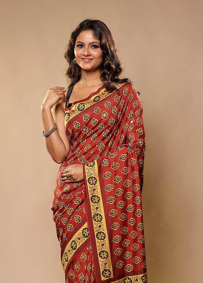 Maroon Printed Silk Saree Without Blouse Piece