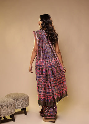 Brown Printed Silk Saree Without Blouse Piece