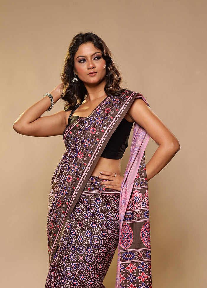 Brown Printed Silk Saree Without Blouse Piece