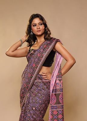 Brown Printed Silk Saree Without Blouse Piece