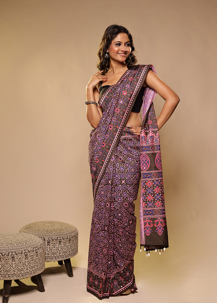 Brown Printed Silk Saree Without Blouse Piece