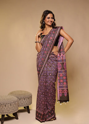 Brown Printed Silk Saree Without Blouse Piece