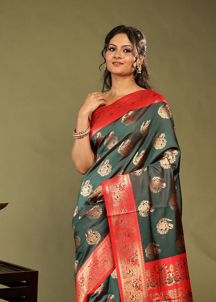 Green Baluchari Silk Saree With Blouse Piece