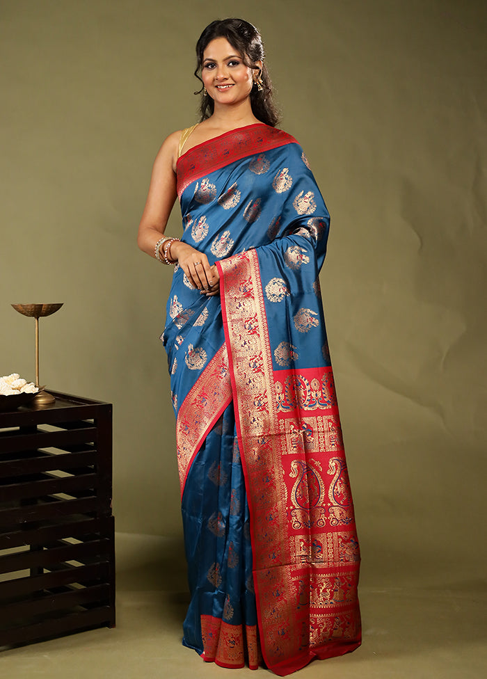 Blue Baluchari Silk Saree With Blouse Piece