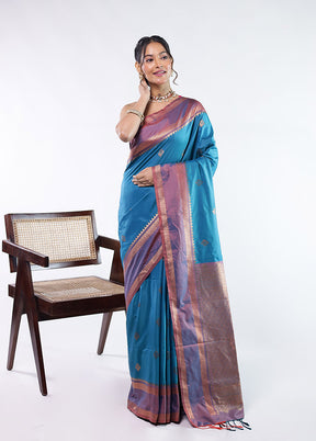 Blue Kanjivaram Silk Saree With Blouse Piece