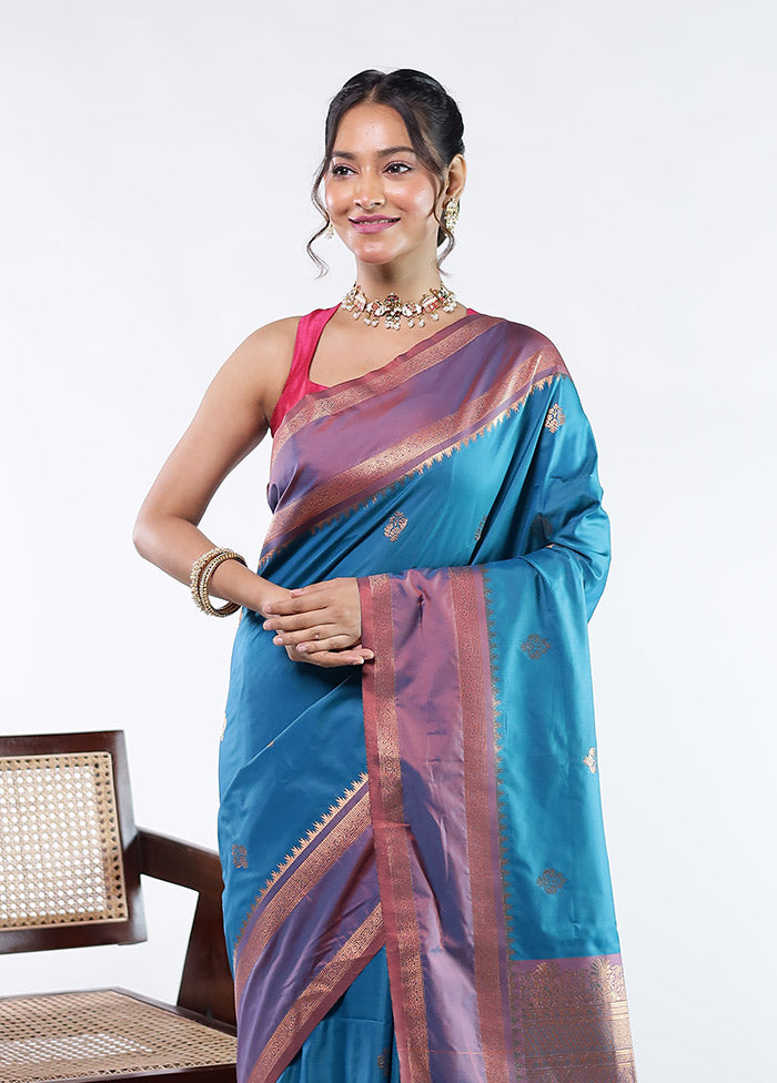Blue Kanjivaram Silk Saree With Blouse Piece