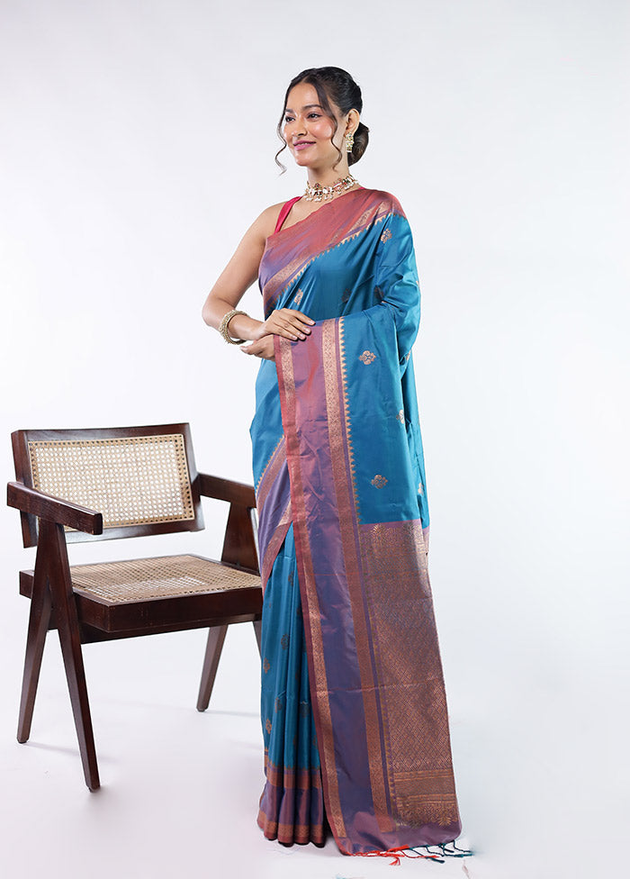 Blue Kanjivaram Silk Saree With Blouse Piece