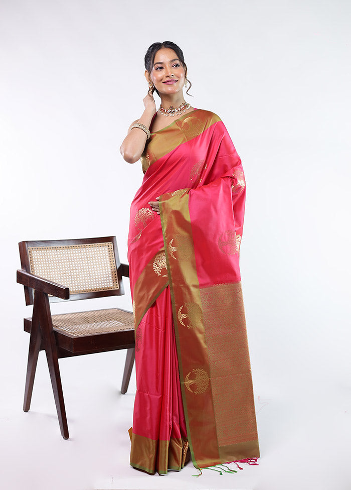 Pink Kanjivaram Silk Saree With Blouse Piece