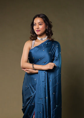 Blue Printed Silk Saree Without Blouse Piece