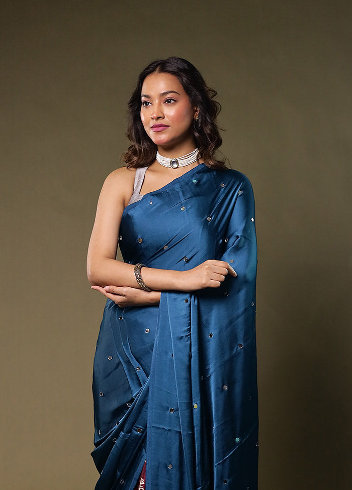 Blue Printed Silk Saree Without Blouse Piece