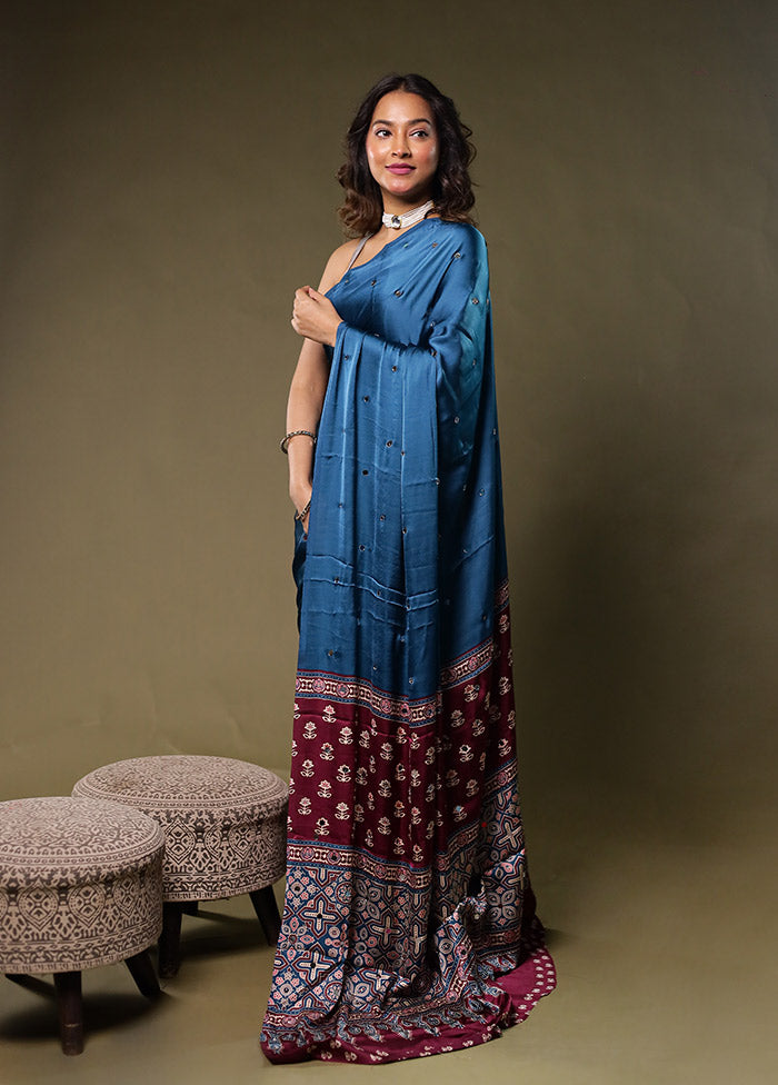 Blue Printed Silk Saree Without Blouse Piece