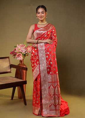 Red Handloom Banarasi Pure Silk Saree With Blouse Piece