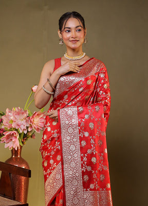 Red Handloom Banarasi Pure Silk Saree With Blouse Piece