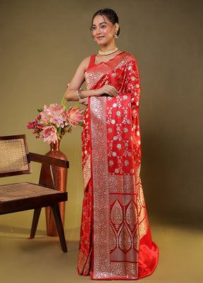 Red Handloom Banarasi Pure Silk Saree With Blouse Piece