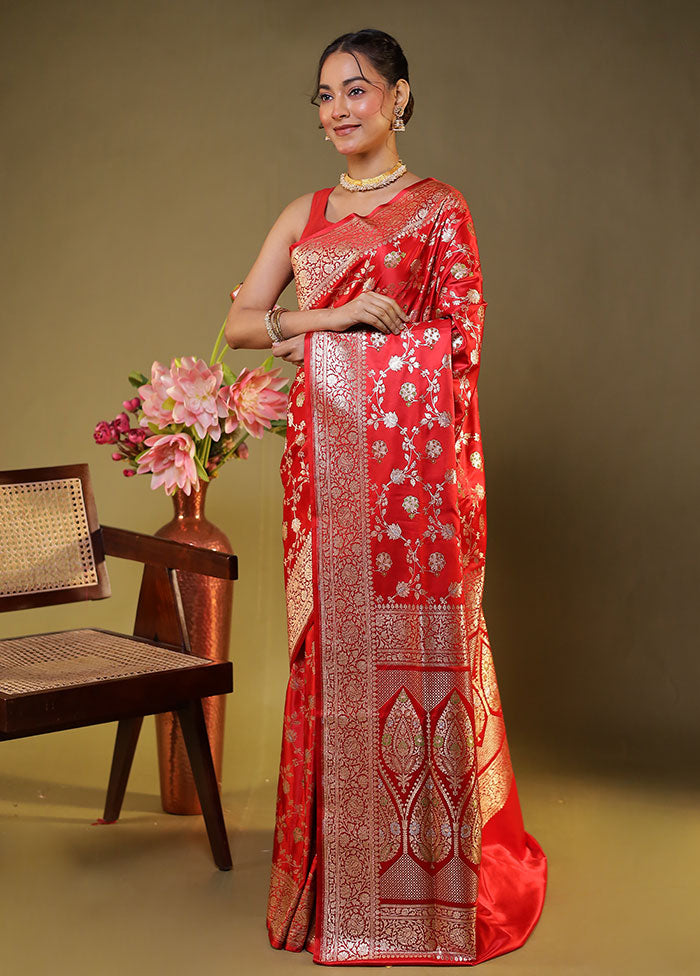 Red Handloom Banarasi Pure Silk Saree With Blouse Piece