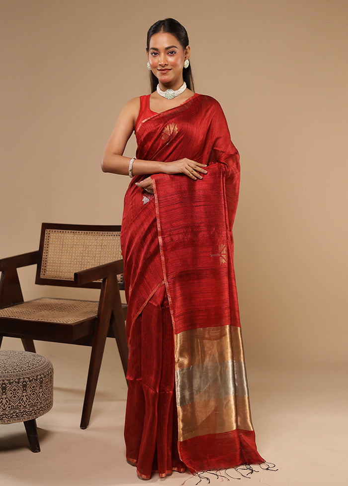 Red Handloom Matka Pure Silk Saree With Blouse Piece