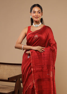 Red Handloom Matka Pure Silk Saree With Blouse Piece