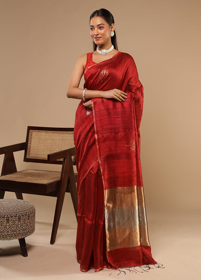 Red Handloom Matka Pure Silk Saree With Blouse Piece