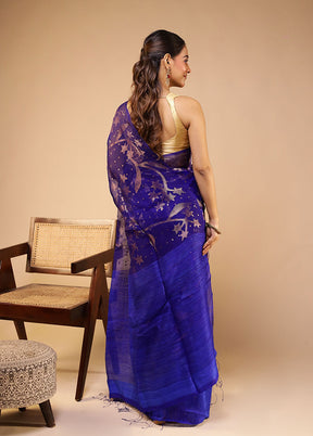 Blue Handloom Matka Pure Silk Saree With Blouse Piece
