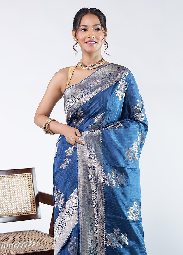 Blue Dupion Silk Saree With Blouse Piece