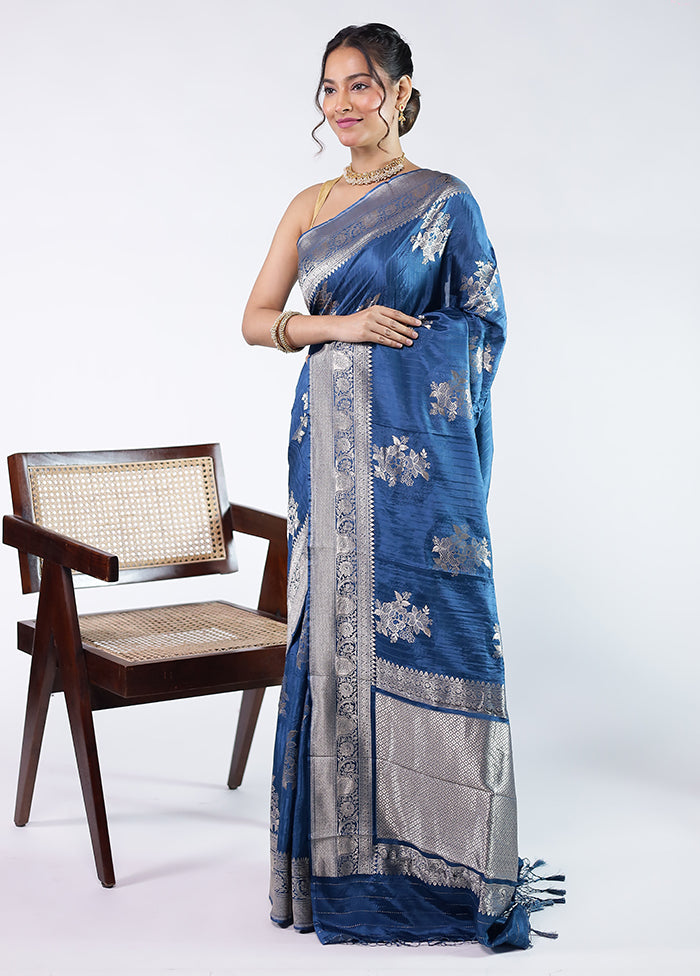 Blue Dupion Silk Saree With Blouse Piece