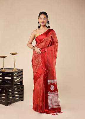 Red Dupion Silk Saree With Blouse Piece