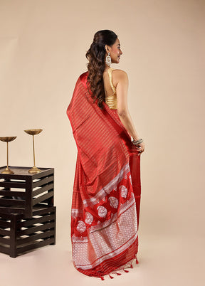 Red Dupion Silk Saree With Blouse Piece