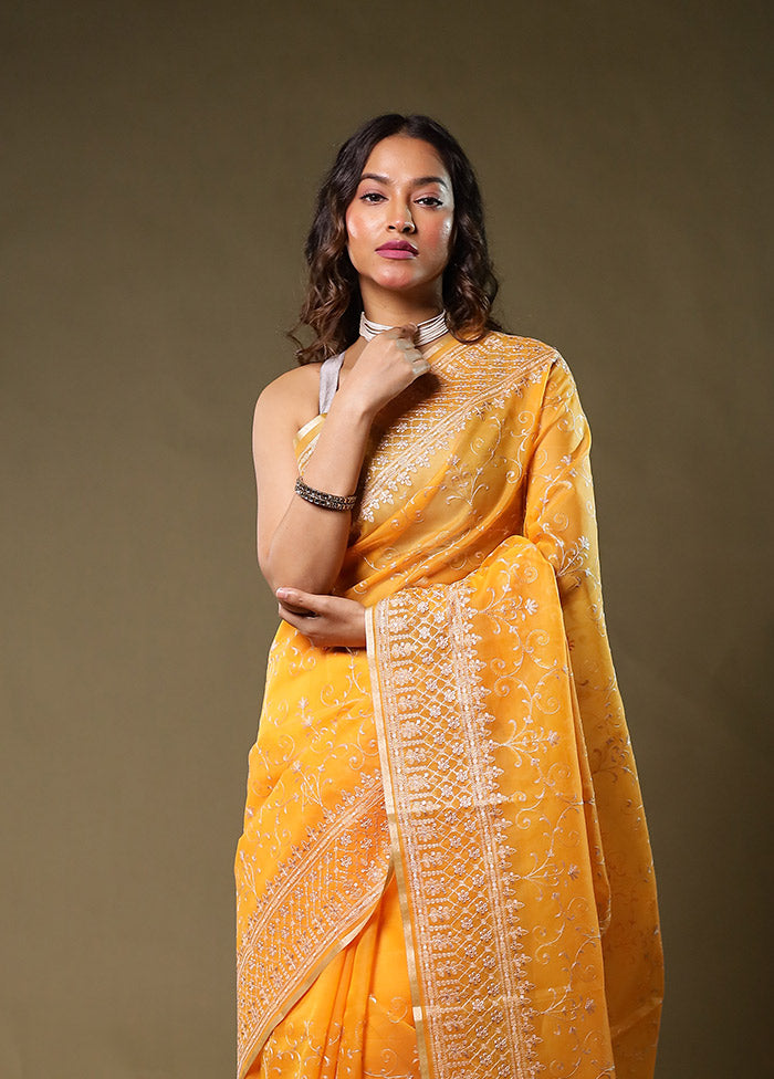 Yellow Organza Saree With Blouse Piece