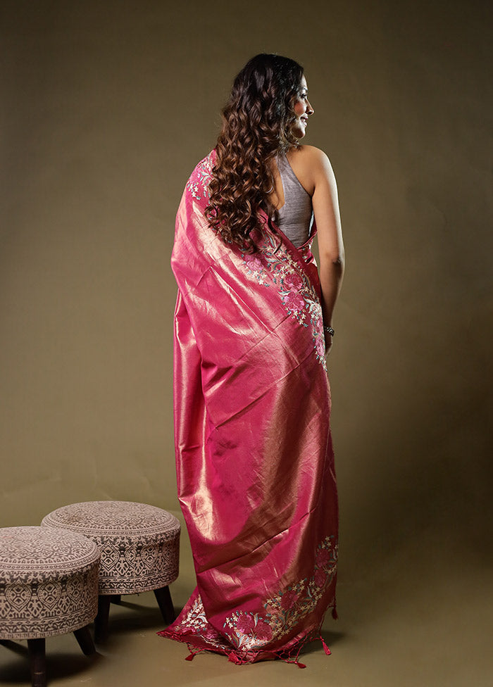 Pink Tissue Silk Saree With Blouse Piece