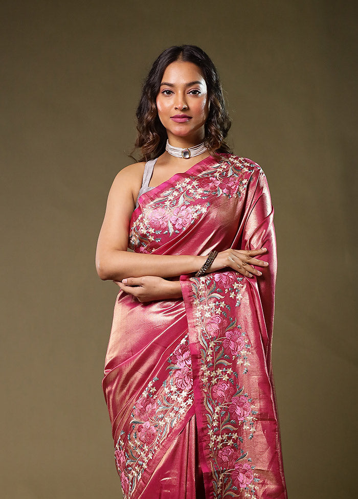 Pink Tissue Silk Saree With Blouse Piece