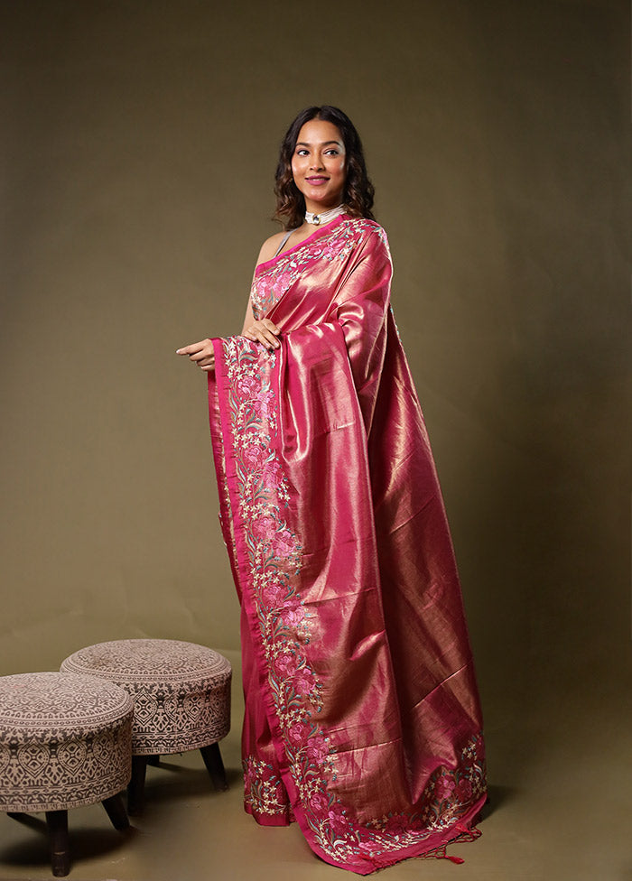Pink Tissue Silk Saree With Blouse Piece