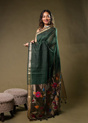 Green Linen Silk Saree With Blouse Piece