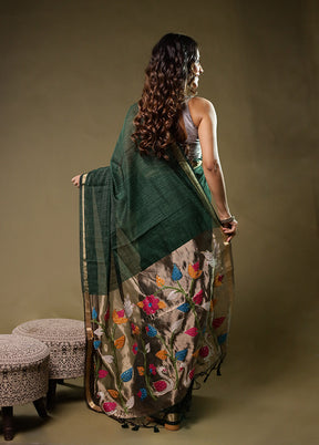 Green Linen Silk Saree With Blouse Piece