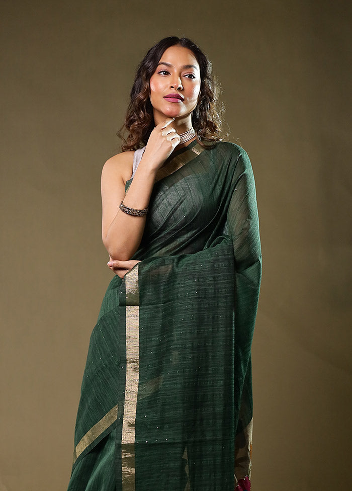 Green Linen Silk Saree With Blouse Piece
