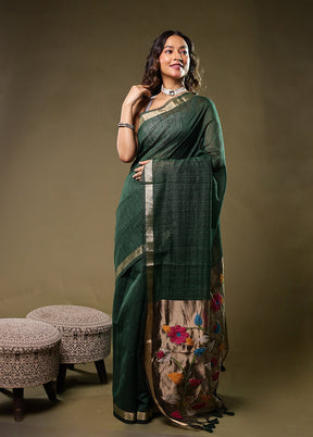 Green Linen Silk Saree With Blouse Piece