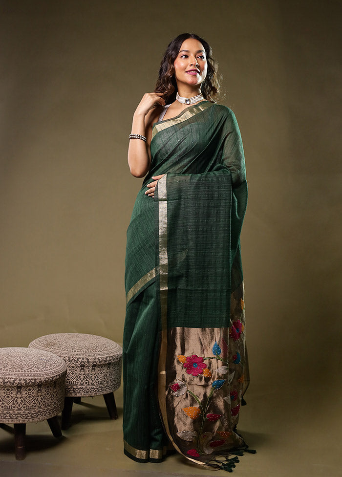 Green Linen Silk Saree With Blouse Piece