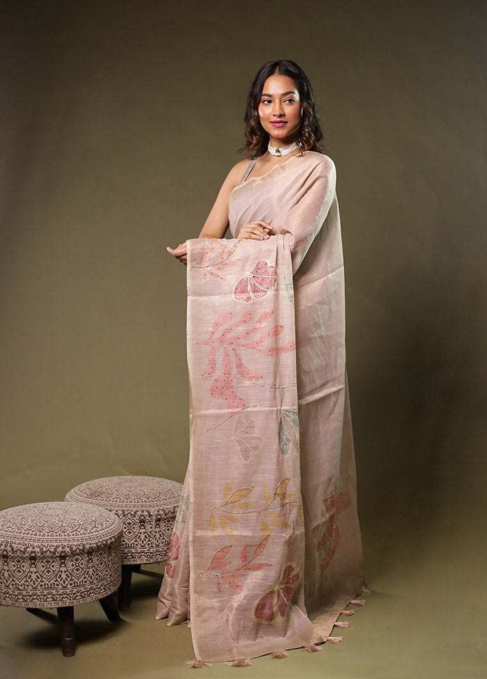 Cream Linen Silk Saree With Blouse Piece