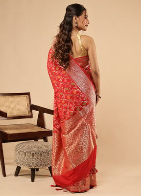 Red Dupion Silk Saree With Blouse Piece