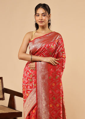 Red Dupion Silk Saree With Blouse Piece