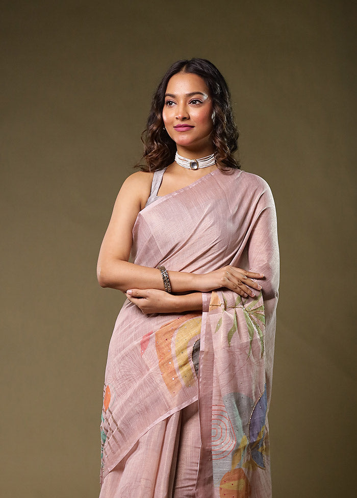 Pink Linen Silk Saree With Blouse Piece