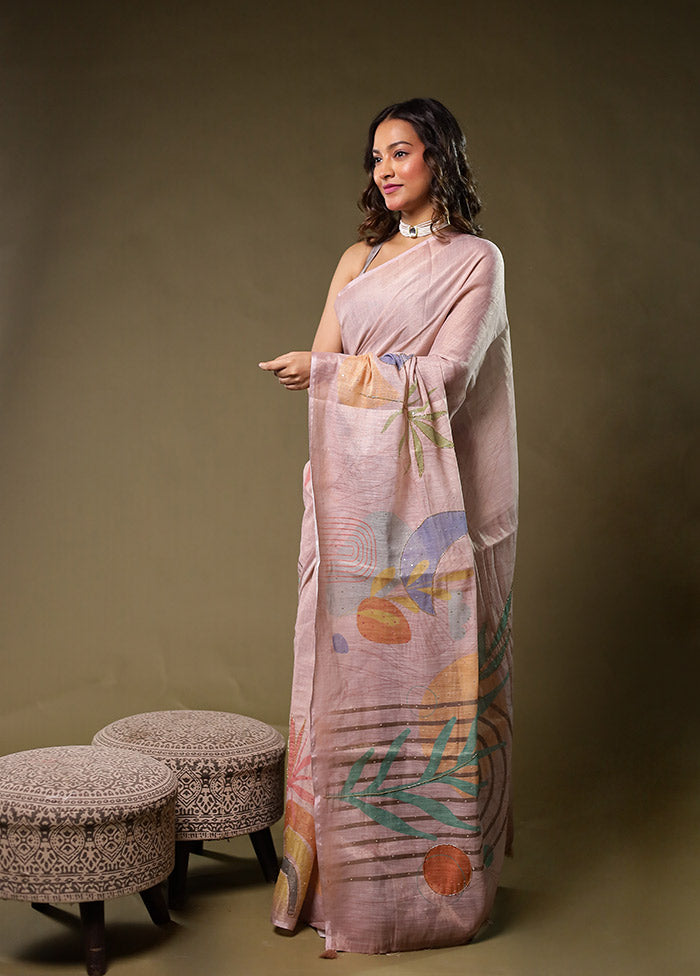 Pink Linen Silk Saree With Blouse Piece