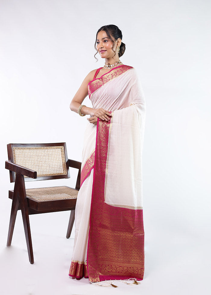 White Dupion Silk Saree With Blouse Piece