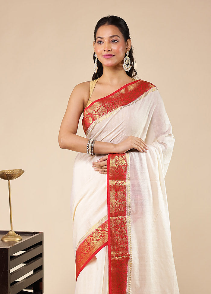 White Dupion Silk Saree With Blouse Piece