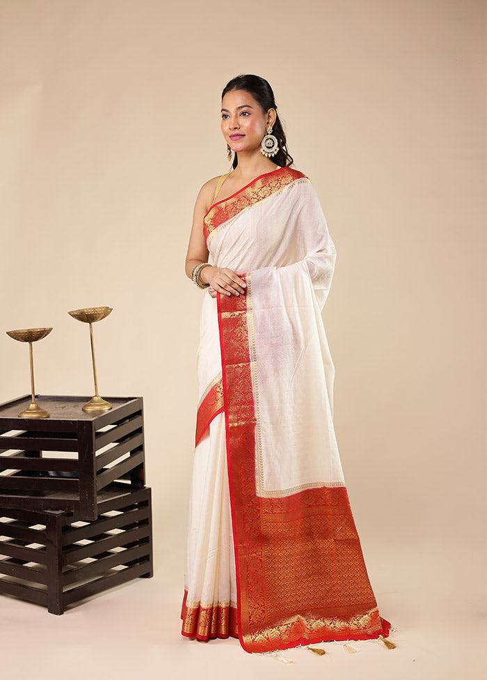 White Dupion Silk Saree With Blouse Piece