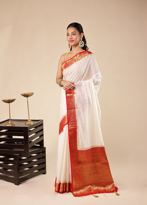 White Dupion Silk Saree With Blouse Piece