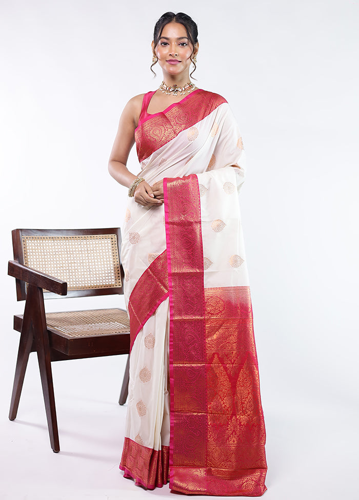 White Kanjivaram Silk Saree With Blouse Piece